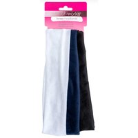 Three brushworks Jersey Headbands in white, navy, and black, packaged on a pink and white card.