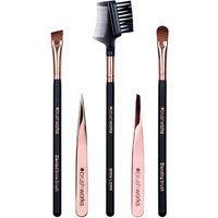 Brushworks Luxury Brow Set with black handles, rose gold accents, includes brushes, tweezers, and dual-ended comb.