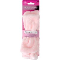 Pink Brushworks makeup headband with soft, fluffy texture in clear packaging.