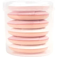 Brushworks Mini Pillow Puffs 6 Pack in pink and white, stacked in a clear cylindrical container.