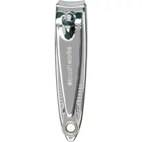 Silver Brushworks nail clipper with ergonomic design and branded engraving on lever.