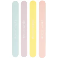 Set of four Brushworks nail files in pastel colors: blue, purple, yellow, and pink, with rounded edges.