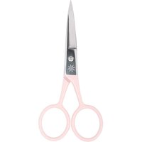 Pink-handled Brushworks nail scissors with sharp, pointed stainless steel blades and a small decorative star detail.