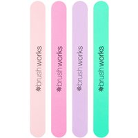 Pastel colored nail files in pink, purple, and green, branded with "brushworks" logo, set of four.