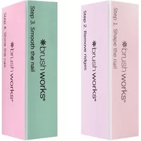 Pastel green and pink Brushworks nail buffing blocks with step instructions on each side.