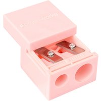 Pink brushworks pencil sharpener with dual holes and metal blades.