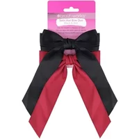 Brushworks Satin Hair Bow Duo with large black and red bows on a pink packaging card.