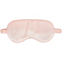 Pink satin sleep mask with elastic ruched strap, smooth texture, and gentle sheen.