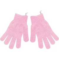 Pink textured Brushworks Spa Exfoliating Gloves with ribbed cuffs and hanging loops.