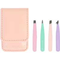 Brushworks Travel Tweezer Set Pastels with pink case and four colorful tweezers in pink, green, peach, and purple.