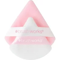 Pink and white triangular powder puff duo with Brushworks logo and soft texture.