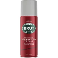 Red Brut Attraction Totale Deodorant Spray 200ml with silver cap and green logo.