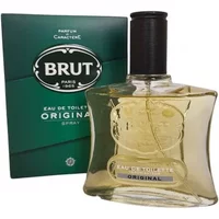 Brut Original Eau De Toilette 100ml in a curved glass bottle with black cap, green box in the background.