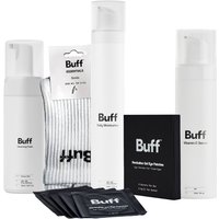 Buff Sport Skincare Set with white pump bottles, black box, striped cloth, and sachets.