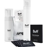 Buff Starter Skincare Set with white cleanser, moisturizer, cloth, and black exfoliating pads in sleek packaging.