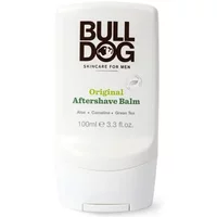 Bulldog Original Aftershave Balm 100ml, white tube with green text and brown logo, aloe and camelina ingredients.
