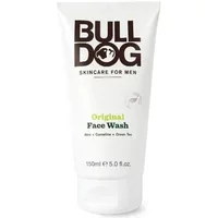 White tube of Bulldog Original Face Wash, 150ml, with brown logo and green text, featuring aloe, camelina, and green tea.