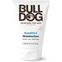 White tube of Bulldog Sensitive Moisturiser 100ml with bold brown logo and blue text, designed for men.