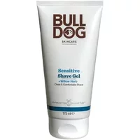Bulldog Sensitive Shave Gel 175ml in white tube with brown logo and blue text, featuring willow herb.