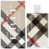 Burberry Brit Eau De Parfum 100ml bottle with iconic plaid pattern, clear cap, next to matching box.