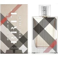 Burberry Brit For Her Eau De Parfum 50ml with plaid pattern on clear rectangular bottle and matching box.
