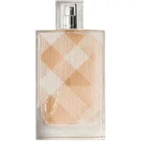 Transparent Burberry Brit For Her Eau De Toilette bottle with iconic plaid pattern and silver cap, 100ml.