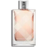 Clear glass bottle with Burberry plaid pattern, silver cap, containing pink Burberry Brit For Her Eau De Toilette 50ml.