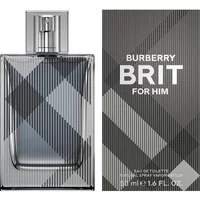 Burberry Brit For Him Eau De Toilette 50ml, plaid-patterned glass bottle with metallic cap, next to matching box.
