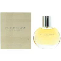 Burberry Classic Women Eau De Parfum 50ml, round glass bottle with silver cap, beige box with subtle check pattern.