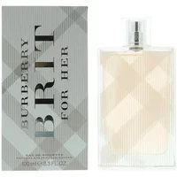 Burberry For Her Eau De Toilette 100ml, clear rectangular bottle with plaid design, next to matching box.