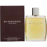 Burberry For Men Eau De Toilette 100ml, clear glass bottle with silver cap, next to dark brown box.