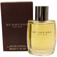 Burberry For Men Eau De Toilette 50ml, clear glass bottle with silver cap, brown box with white text.