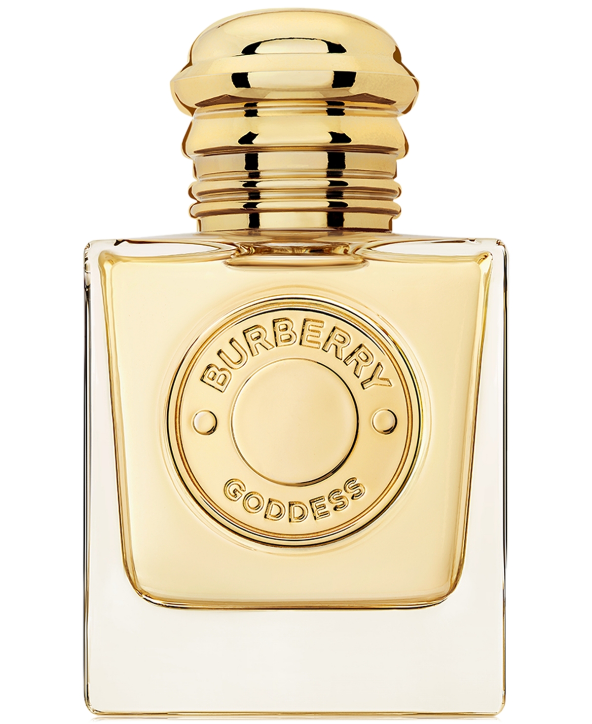 Burberry Goddess Eau De Parfum in a clear glass bottle with a gold cap, featuring an embossed circular logo and a minimalist design, 1.6 oz / 50 ml.