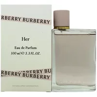 Clear glass bottle with pink cap, Burberry Her Eau De Parfum 100ml, next to white box with Burberry branding.