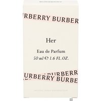 Burberry Her Eau de Parfum 50ml box, cream with diagonal burgundy logo text and minimalist design.
