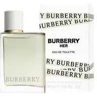 Clear glass bottle of Burberry Her Eau De Toilette 30ml with white cap, next to branded white box.