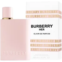 Pink Burberry Her Elixir Intense Eau De Parfum bottle with matching cap, next to white box with gold accents.