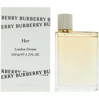 Burberry Her London Dream Eau De Parfum 100ml, clear rectangular bottle with beige cap, next to branded box.