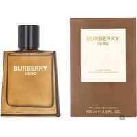 Burberry Hero Eau de Parfum 100ml, amber glass bottle with black cap, next to brown box with white label.