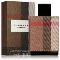 Burberry London Eau De Toilette 50ml with plaid fabric design and black cap, next to matching box.
