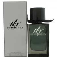 Black-capped glass bottle of Mr. Burberry Eau De Parfum 150ml with sleek gray box packaging.