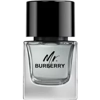 Clear glass bottle with black cap, labeled "Mr. Burberry" in black text, containing 50ml Eau De Toilette.