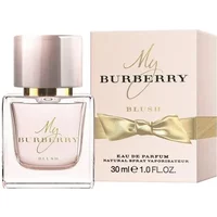 Burberry My Burberry Blush Eau De Parfum 30ml with pink liquid, square bottle, and matching box with gold ribbon design.