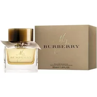 Burberry My Burberry Eau De Parfum 50ml with gold cap, beige ribbon, and matching beige box.