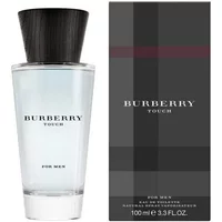 Burberry Touch For Men Eau De Toilette 100ml, clear glass bottle with black cap, next to plaid-patterned box.