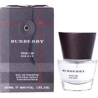 Burberry Touch For Men Eau De Toilette 30ml, clear glass bottle with dark cap, next to plaid-patterned box.