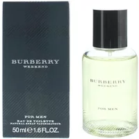 Burberry Weekend For Men Eau De Toilette 50ml, clear bottle with black cap, next to dark box with white text.