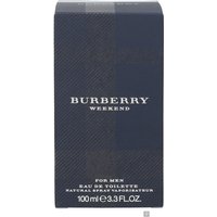 Burberry Weekend For Men Eau de Toilette 100ml in a sleek dark blue box with white text and subtle check pattern.
