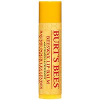Yellow Burt's Bees Beeswax Lip Balm tube with red text and honeycomb pattern, 4.25g size.