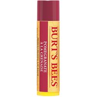 Burt's Bees Pomegranate Lip Balm, yellow tube with red cap and red text, 4.25g size.
